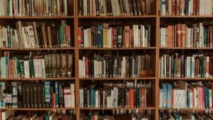 Koka grāmatplaukti pilni ar dažāda veida grāmatām bibliotēkas lasītavā vai krātuvē.