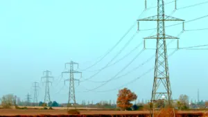 Augstsprieguma elektrības pārvades torņi Latvijas lauku ainavā skaidrā dienas gaismā.
