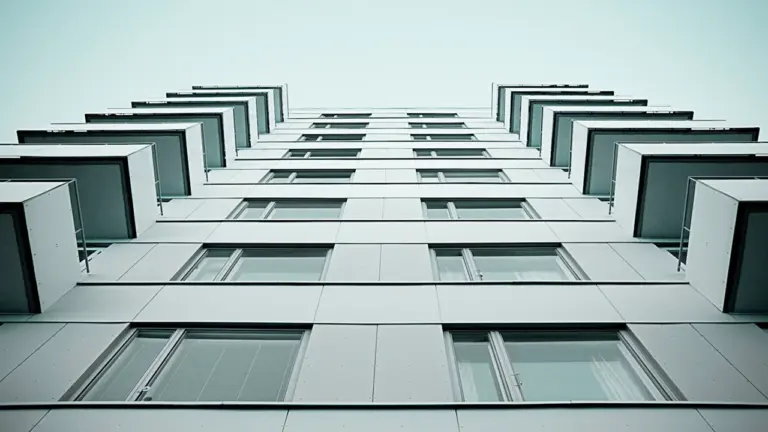 Daudzdzīvokļu mājas fasāde no apakšas, kas piemērota ēku siltināšanas un energoefektivitātes tēmai.