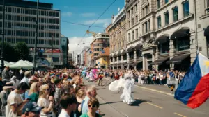 Liela cilvēku grupa vēro svētku gājienu saulainā pilsētas ielā vasaras sākuma pasākumā.